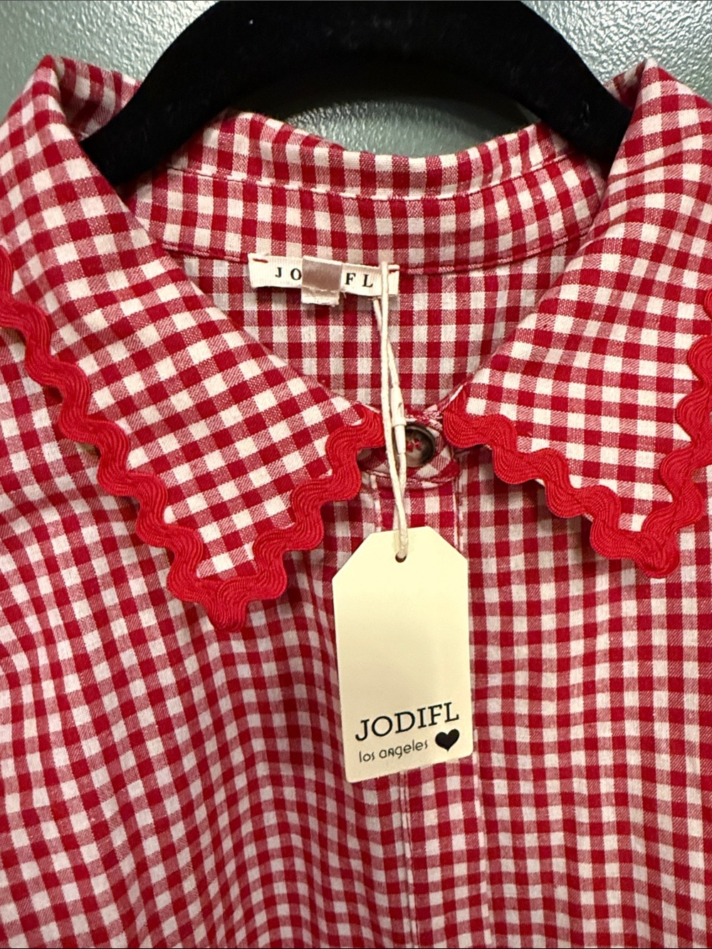 JODIFL Red and White Gingham Puff Sleeve Button-Front Top - Picture 5 of 7